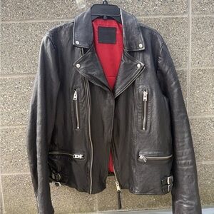 All Saints Black Leather Motorcycle Biker Jacket Mens Large